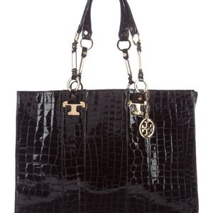 Tory Burch Jordana black patent embossed croc tote